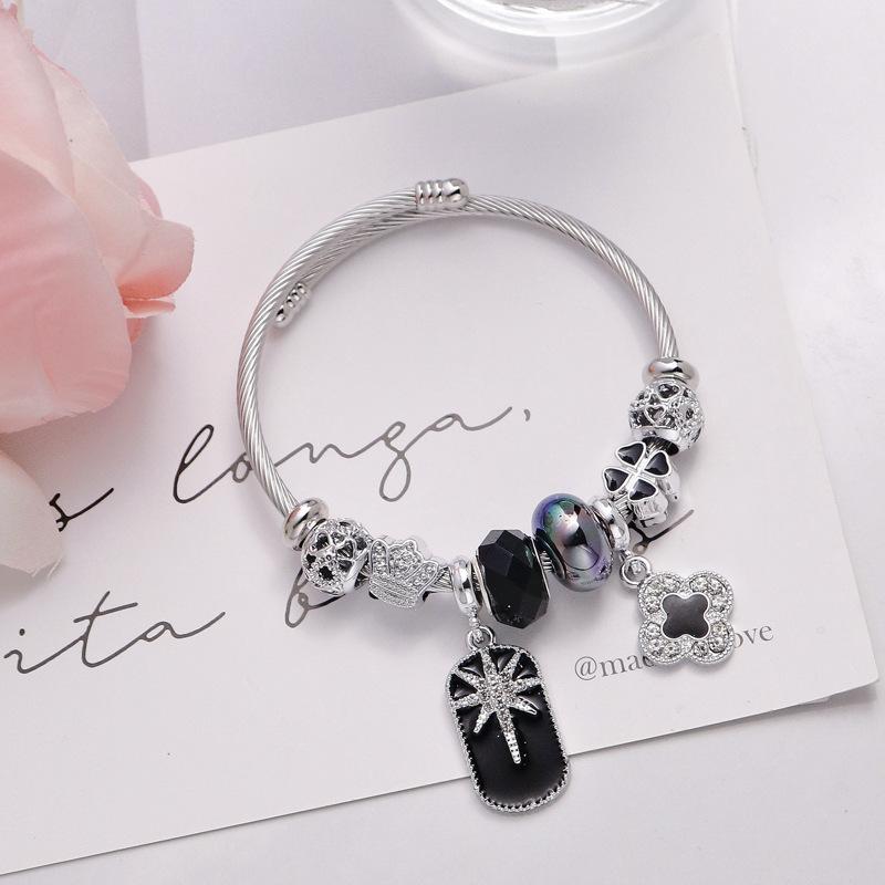 

Lucky Clover Octagram Diamond Beaded Bracelet Women Stainless Steel Bangle Fashion Jewelry Gift чорний