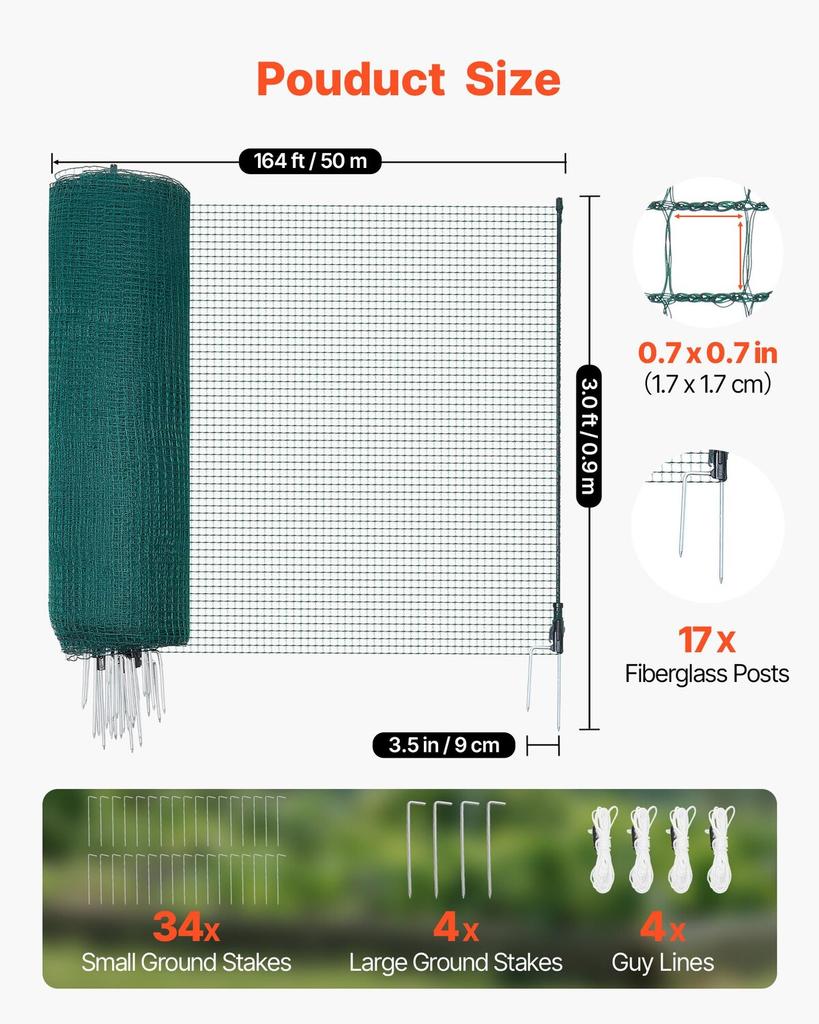 Temporary Fence with Posts, 0.9 x 50m Plastic Mesh Fencing, Garden Safety Fences Netting with Double-Spike Stakes & Guy Ropes, Temporary Fence for