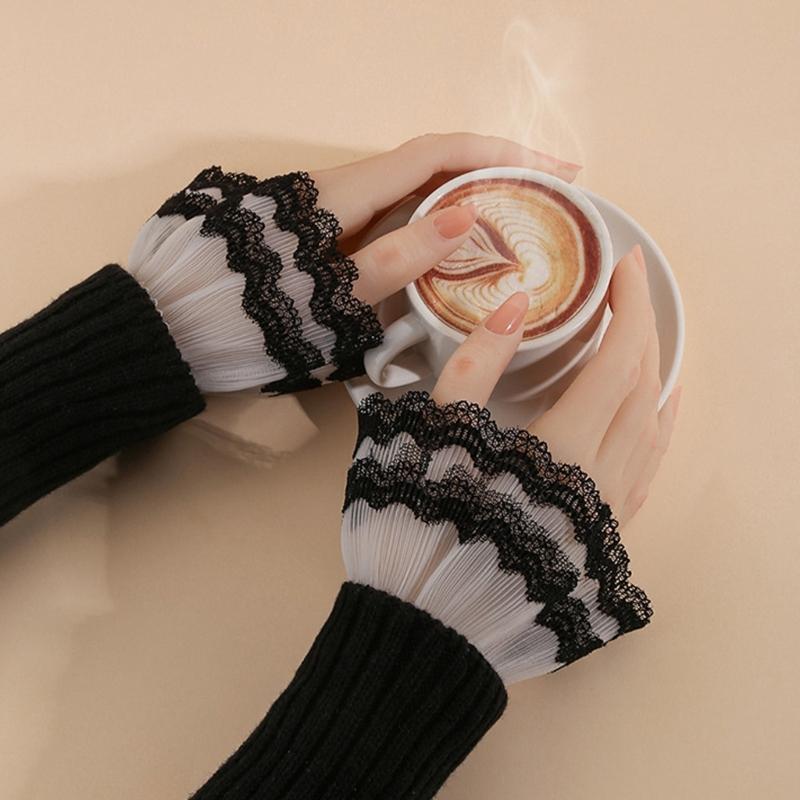 Lolitas Sheer Gloves Hand Sleeves Women Layered Ruffle Wrist Cuffs Elastic Bracelet for Halloween,Wedding,Masquerade