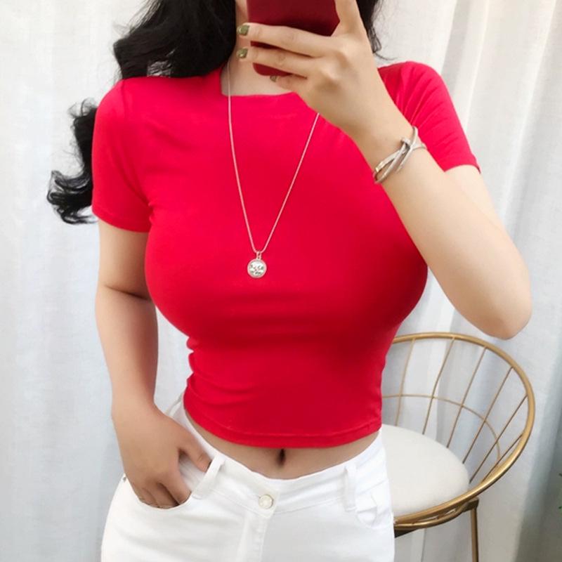 South Korea's Dongdaemun Summer Slimming Crop Top - Sexy Short Sleeve Round Neck Tee for Women