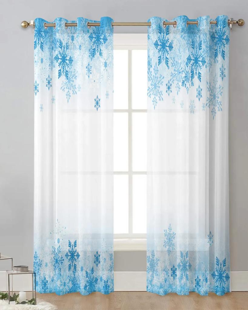 Christmas Winter Blue Snowflakes White Tulle Sheer Curtains for Living Room Bedroom Decor Window Curtain Voile Organza Drapes