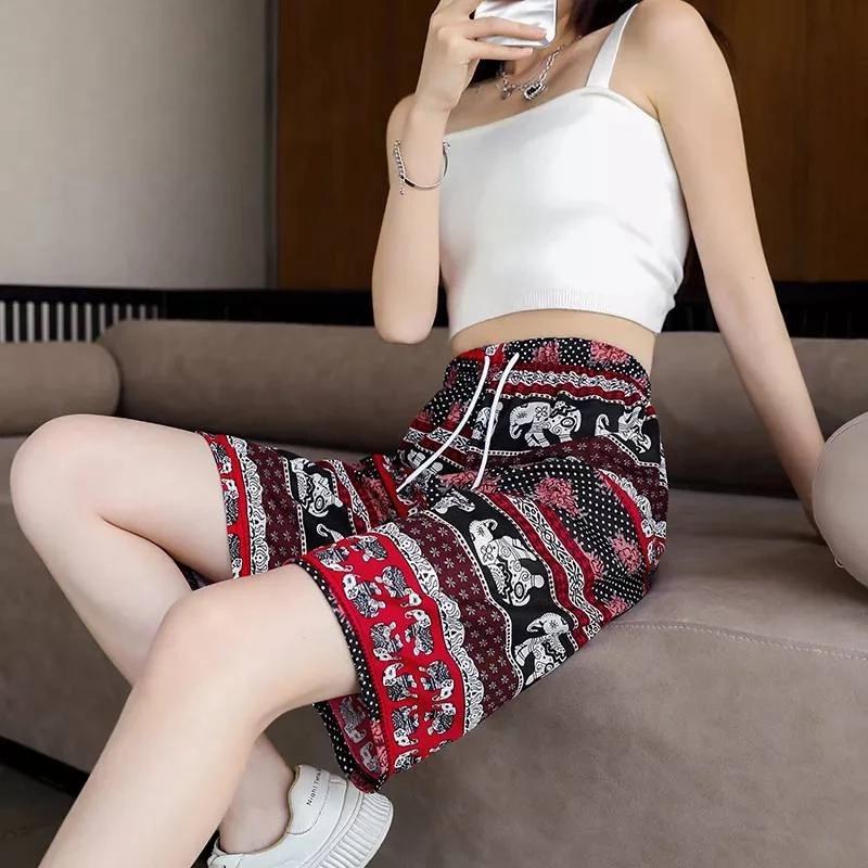 Elephant Pants Shorts Adjustable Elastic High Waistband Strap Rope Women Print Thailand Casual Streetwear Beach Bohemian Retro Vintage Boho
