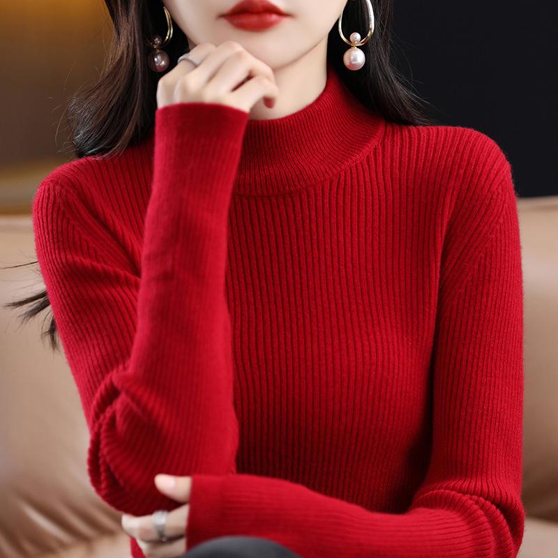 Women's Slim-Fit High-Neck Wool Base Layer Sweater - Slimming Long-Sleeved Knitwear for Autumn/Winter