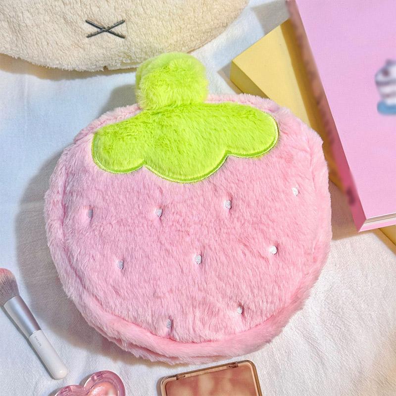 Cute Plush Strawberry Makeup Bag Portable Handheld Large Capacity Cosmetics Storage Bag Waterproof Lining Travel Grooming Bag Set