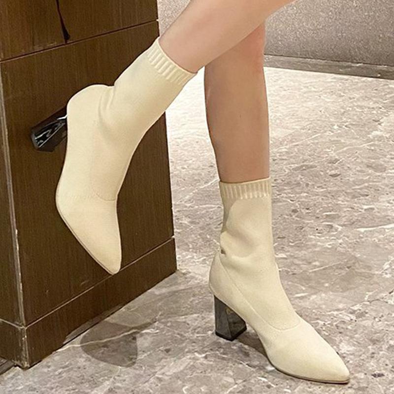 Fashion Fashion Pointed Toe High Heels Boots Women Breathable Mesh Socks Boots for Woman Autumn Winter Soft Solid Color Botas Ladies