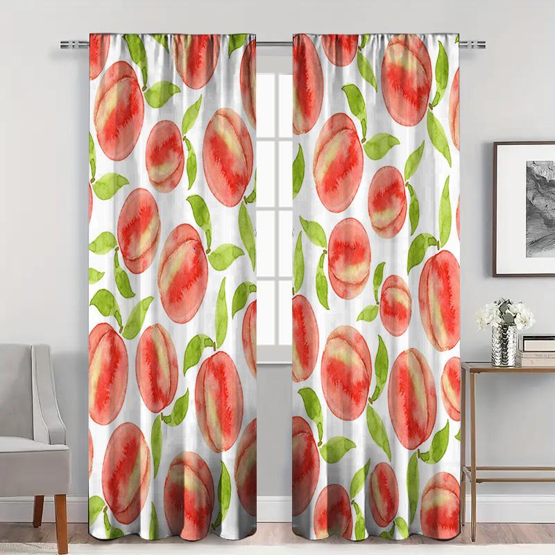 2PC Peach Watercolor Curtains, White Green Leaf Print Drapes, Fresh Floral Living Room & Bedroom Decor, Soft Sheer Window Panels
