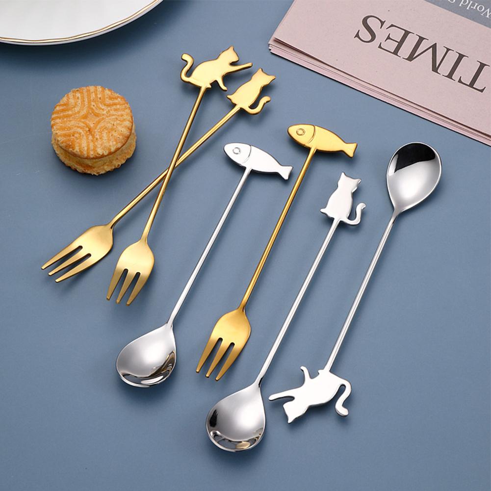 6pcs Spoons Fork Set 304 Stainless Steel Cat Fish Shape Coffee Snacks Fruit Prikkers Dessert Fork Kitchen Tool