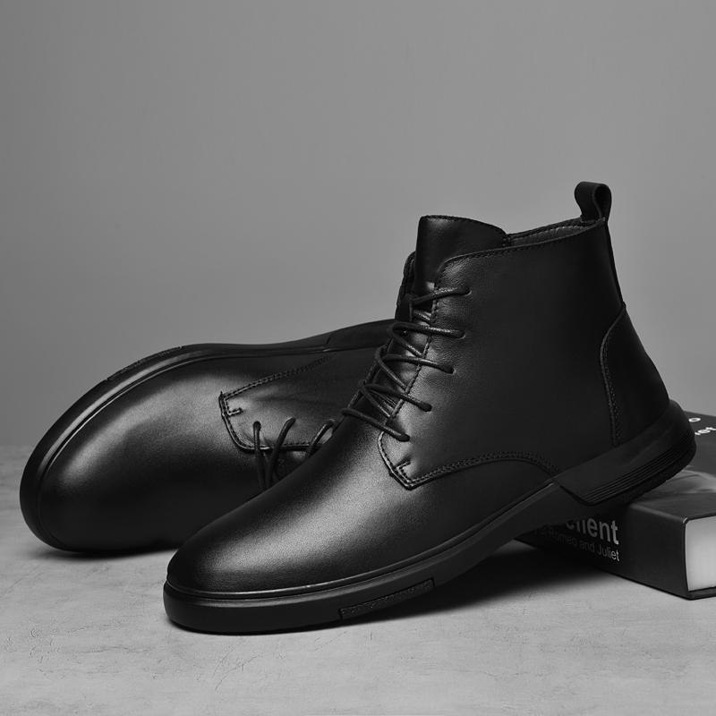 Autumn Winter Men Motorcycle Boots Versatile Round-toe Casual Ankle Boots Genuine Leather High Top Shoes Winter Plush Snow Botas