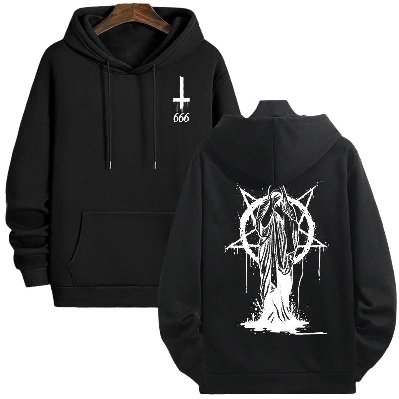 2025 Trendy Mens Hooded Sweatshirts Satan Demonic Print Autumn Winter Casual Sportswear Urban Streetwear Male Top Men's Clothing