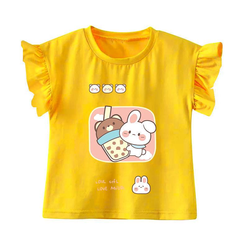 Round Neck Cute Printed Top New Summer Girl Baby Short Sleeved T-shirt Ruffled Bottom Shirt