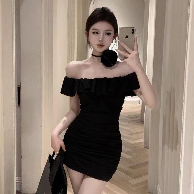 Elegant French One-Shoulder Ruffled Bodycon Dress