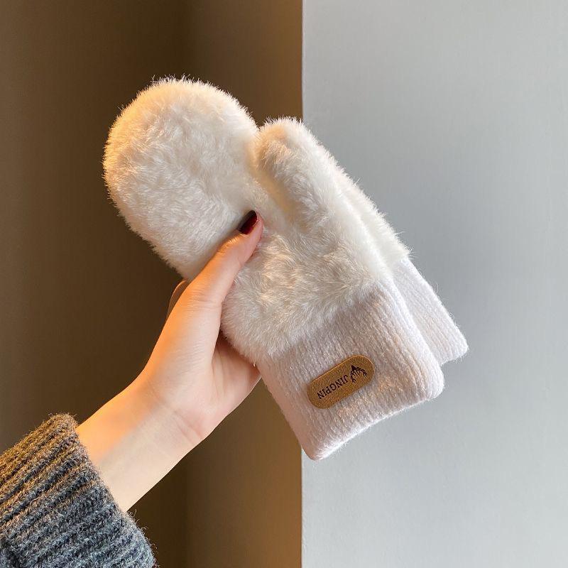 Korean Style Women's Imitation Mink Fur Gloves, Fleece-lined & Thickened for Autumn/Winter Cold Protection, Solid Color Mittens