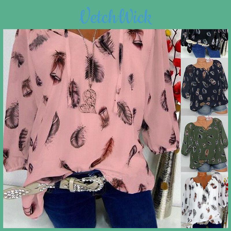 Boho Women V Neck Feather Print Tops In Soft Comfortable Fabric For Casual Outings