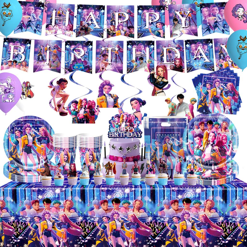 K Pop Demon Hunters Theme Birthday Party Decorations Tableware  Balloon Cup Plate Banner Backdrop for Girls Baby Shower Supplies