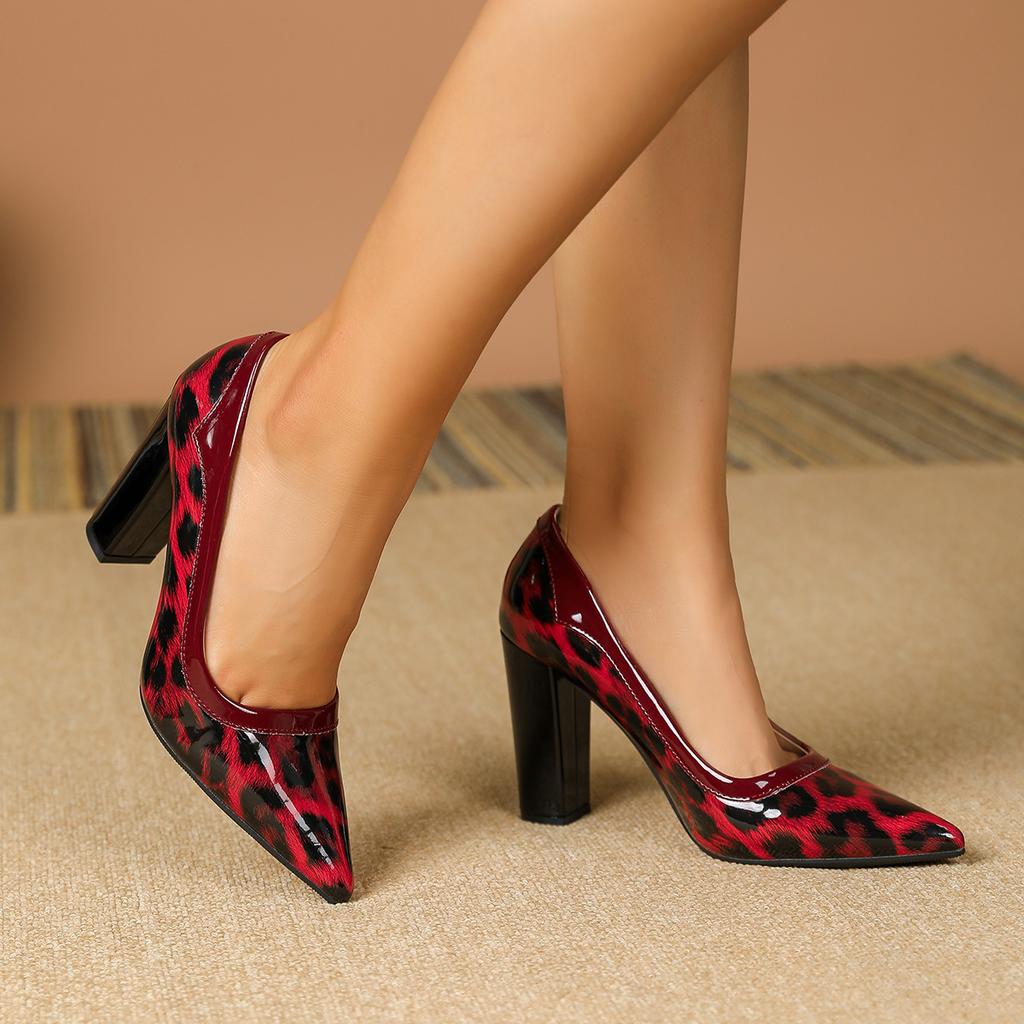 Women's High Chunky Block Closed Toe Heels Leopardprint Slip On Pointed Toe Work Dress Office Wedding Party Pumps Shoes for Women Block Heeled Shoes