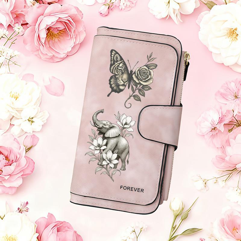 Butterfly Tiger Elephant Pattern Women's Long Wallet Multi - functional Portable Snap Button Coin Purse Birthday Gift Daily Commute Fun Design