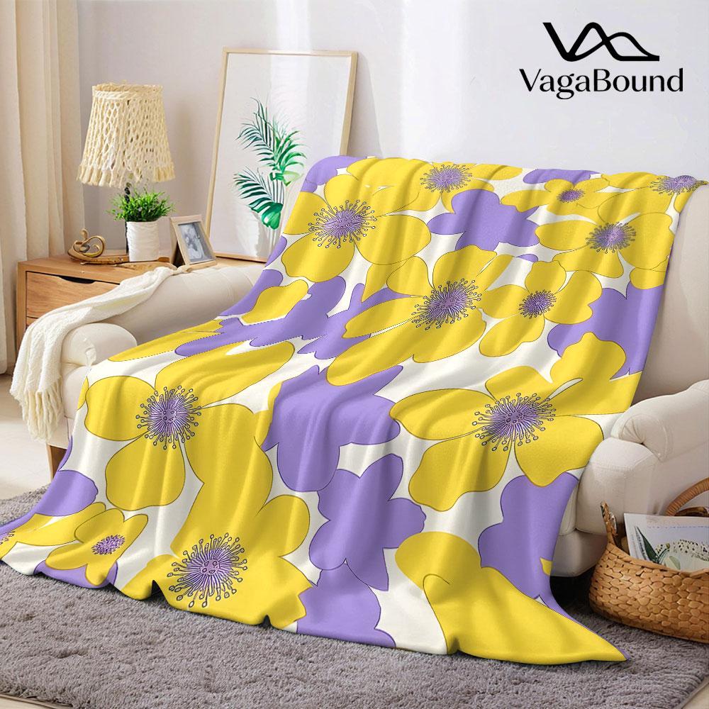 Yellow Purple Retro Flower Flannel Blanket Warm Soft Halloween Christmas Decorative Couch Warm Cozy AllSeason Gift