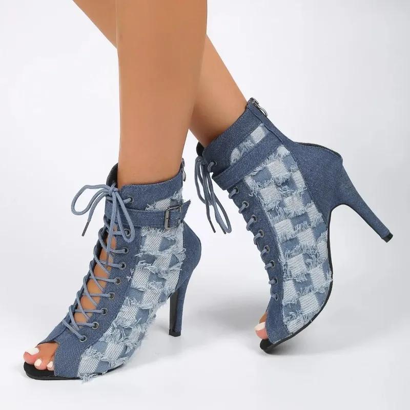 Fashion 2024Sexy Peep Toe Denim Ankle Boots Women Stiletto High Heels Gladiator Summer Booties Woman Zipper Cross-Tied Dress Shoes