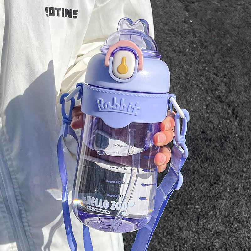 Kawaii Rabbit Plastic Water Bottle For Girls With Straw And Strap Clear Portable Leak-proof Children Water Bottle BPA Free