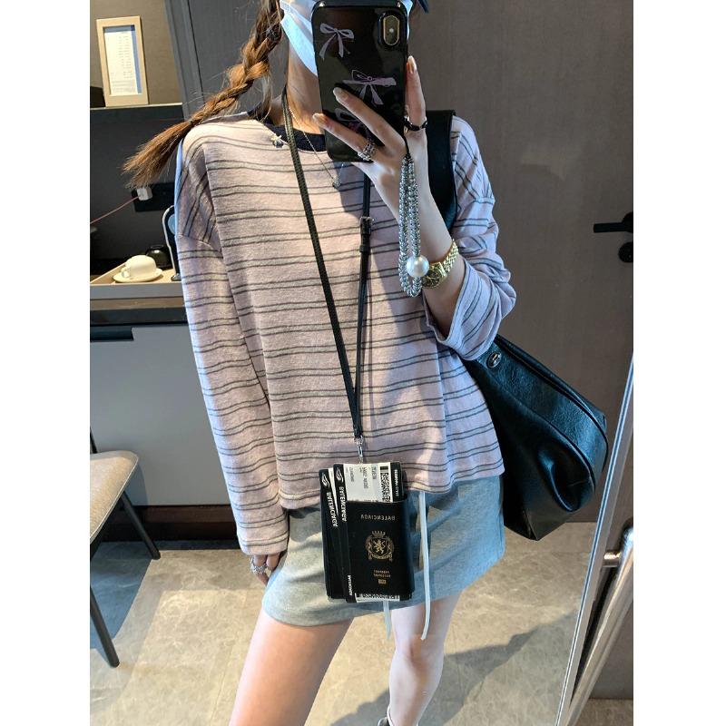 Mochie Spring Striped Color Block Loose Fit Distressed T-shirt One Size серый/фиолетовый
