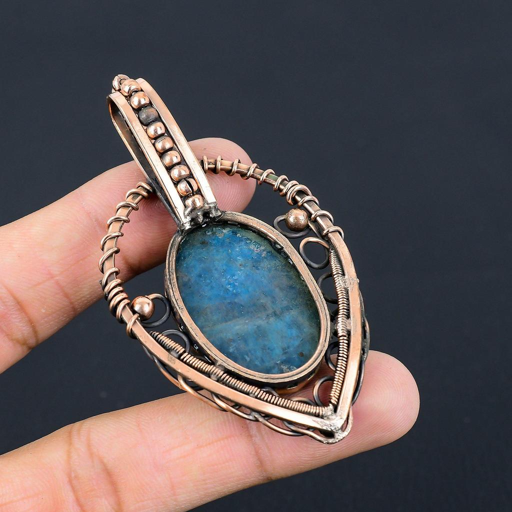 Amazing Neon Blue Apatite Gemstone Handmade Pure Copper Wire Wrapped Jewelry Pendant