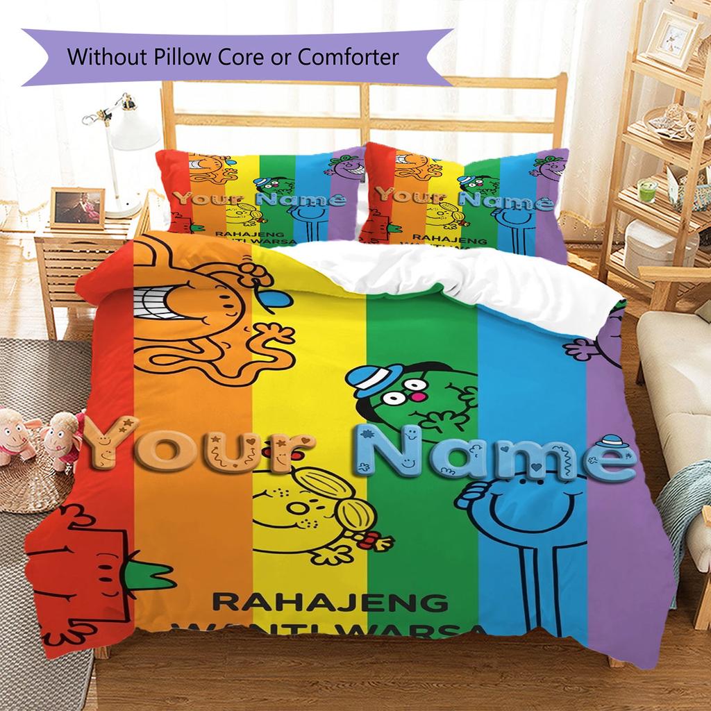 Mr. Men Little Miss Custom Name Pattern Bedding,Quilt Set Quilt Cover Pillowcase Home Birthday Gift(1 * duvet cover + 2 * pillowcase, without core)