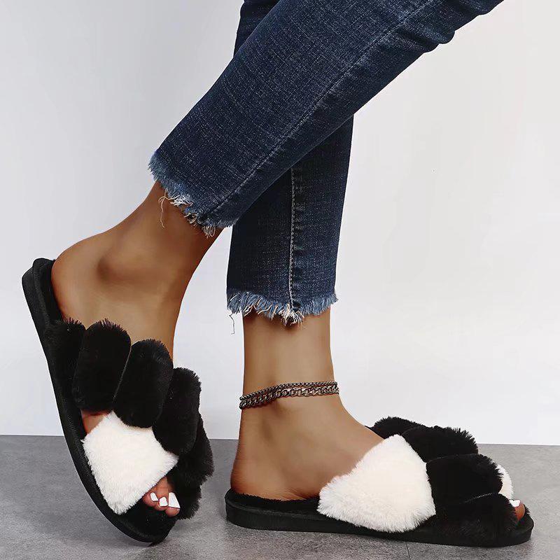 High Fashion Mix Color Fur Slippers Women Autumn Winter 2025 Soft Sole Long Plush Indoor Outdoor Slides Shoes Women Fluffy Cozy