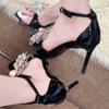 -Pointed rhinestone heels women's new black fashion stiletto heels with beautiful strap sandals