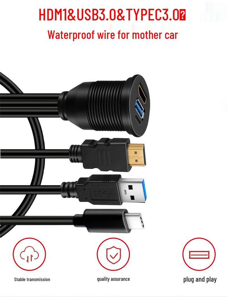 Multi-interface HDMI, USB 3.0, Type-C 3.0 Male to Female Extension Cable for Car, Boat, Motorcycle