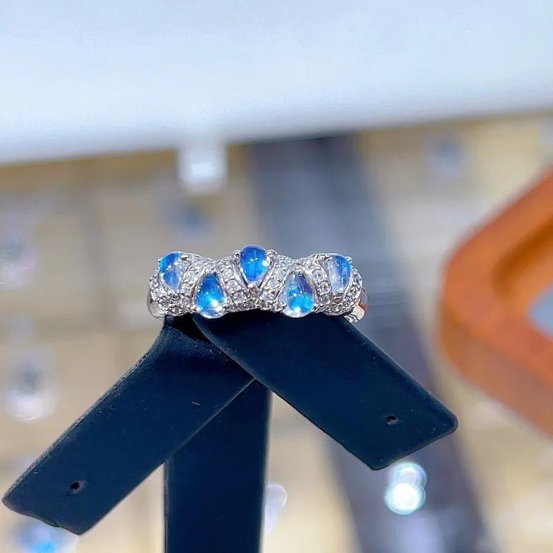 SACE GEMS 925 Sterling Silver 3*4MM Natual Blue Moon Stone Rings for Women Engagement Cocktail Party Fine Jewelry Gift