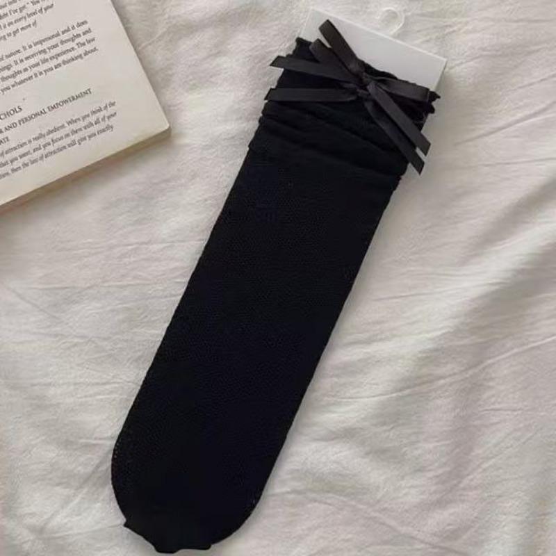 

Женская летняя тонкая модель однотонные сетчатые кружевные носки-трубы с бантом в стиле чистого желания 1 pair чёрный