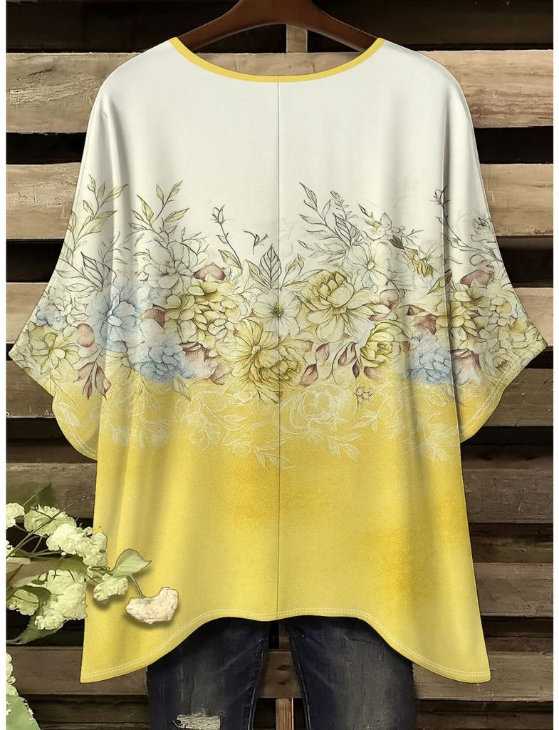 Floral pattern women's large size short-sleeved T-shirt, irregular hem design, digital printing four seasons T-shirt
