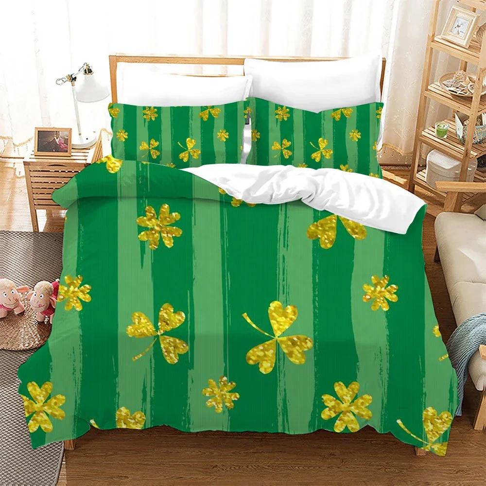 St. Patrick'S Day Duvet Cover Set Lucky Clovers Bedding Set Microfiber Green Four Leaves Clover Comforter Cover Twin Queen Size