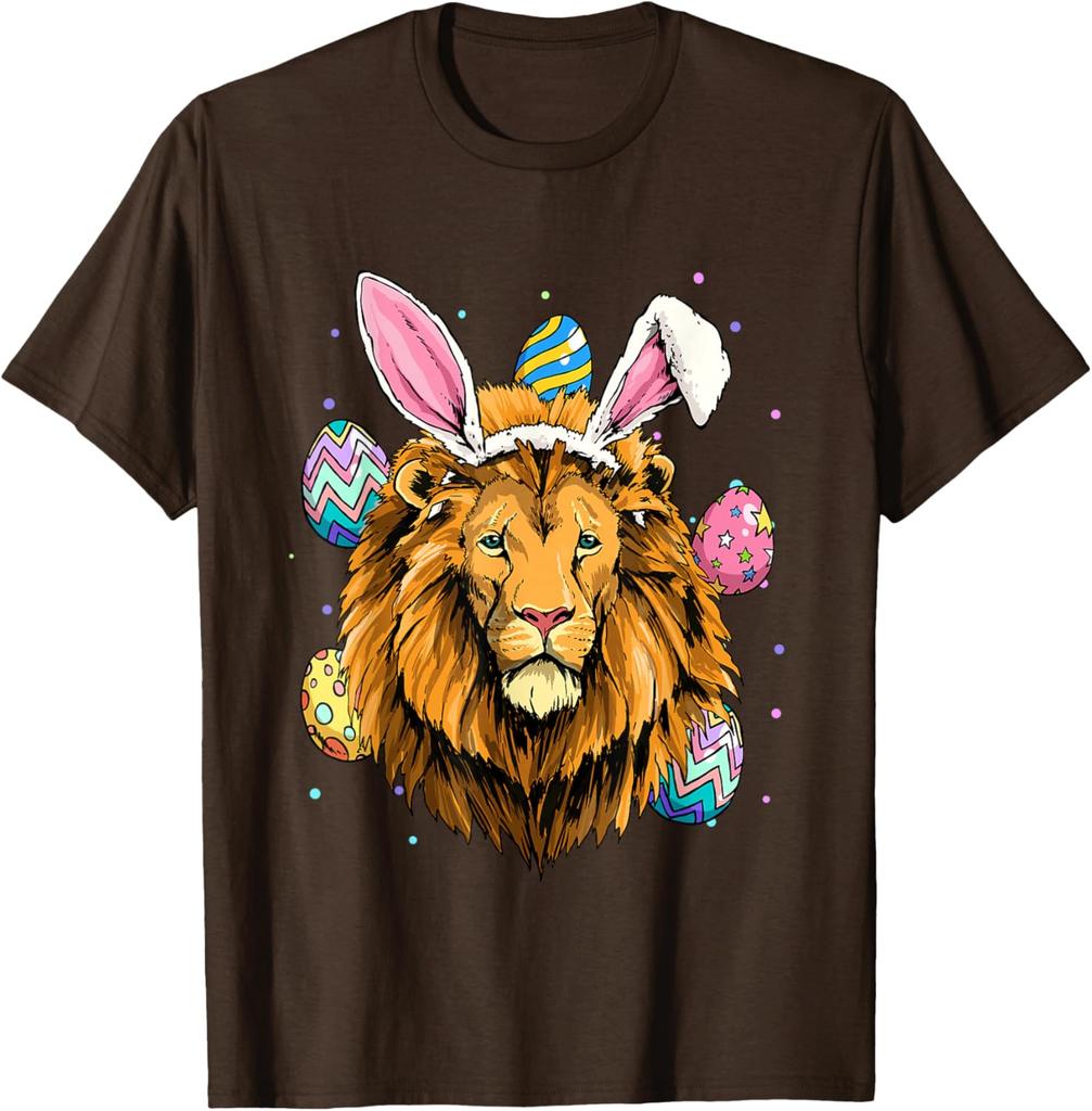 Lion Wearing Easter Bunny Ears Graphic Tee Cotton Short Sleeve Crew Neck Casual T-Shirt