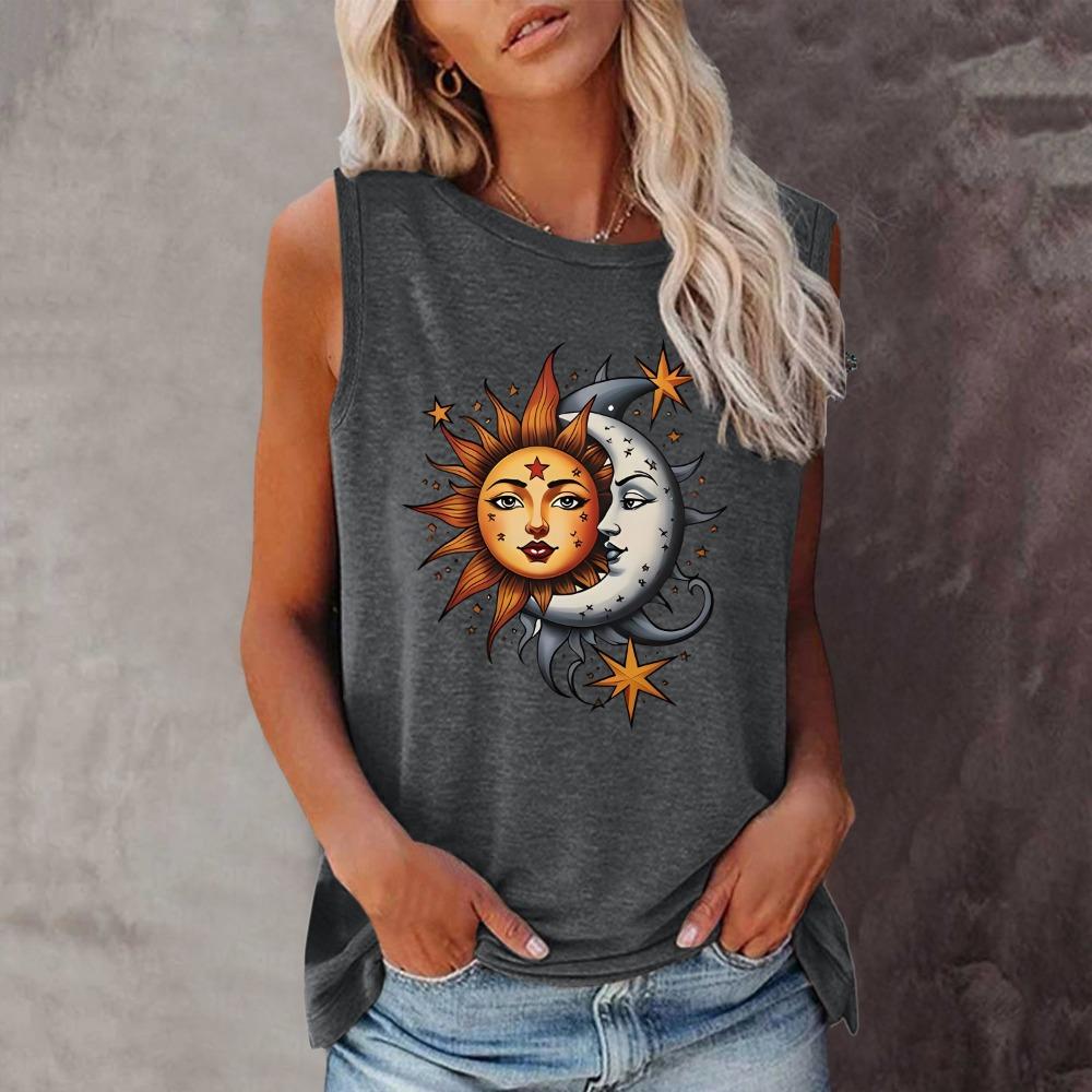 Sun and Moon T-shirt, Short Sleeve Crew Neck Casual Top for Summer & Spring, Women's Clothing Harajuku Tops