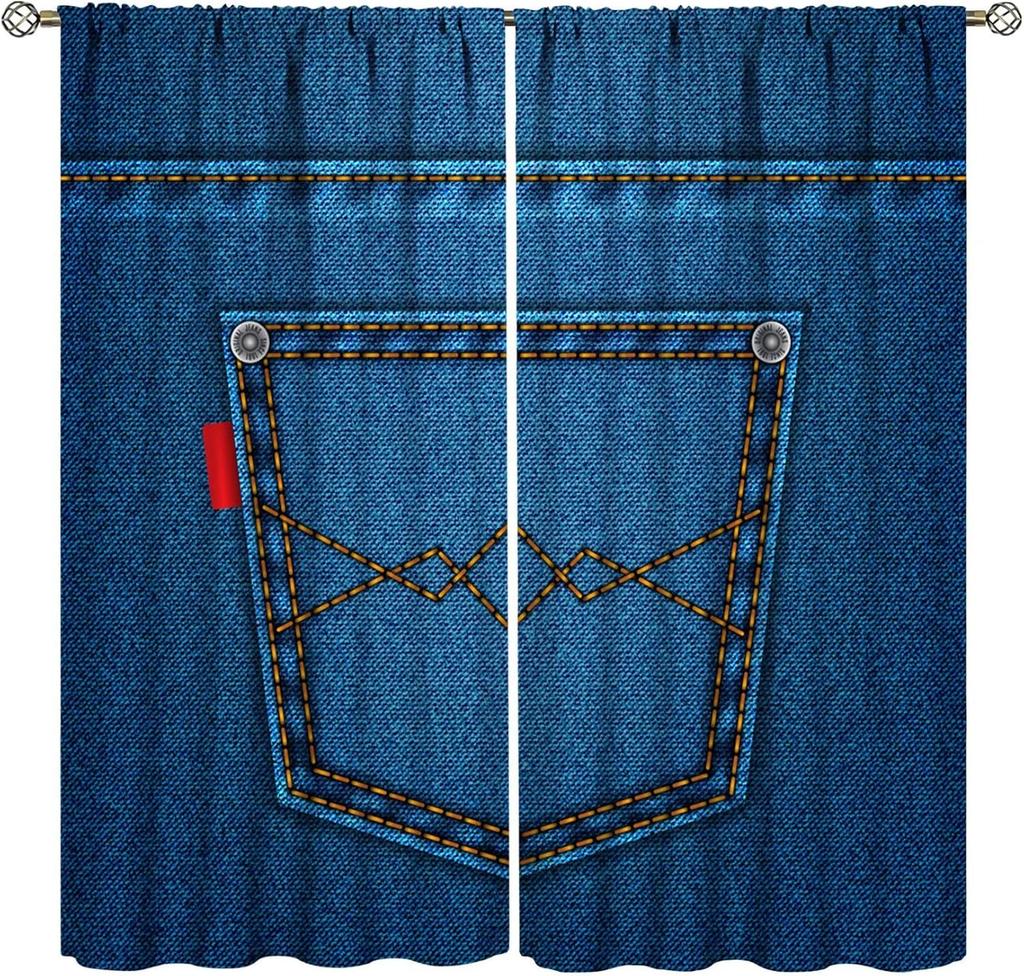 Modern Jeans Curtains Denim Retro Western Cowboy Style Design Art Print Curtain Bedroom Living Room Home With Rod Pocket Polyester Perfect For Area