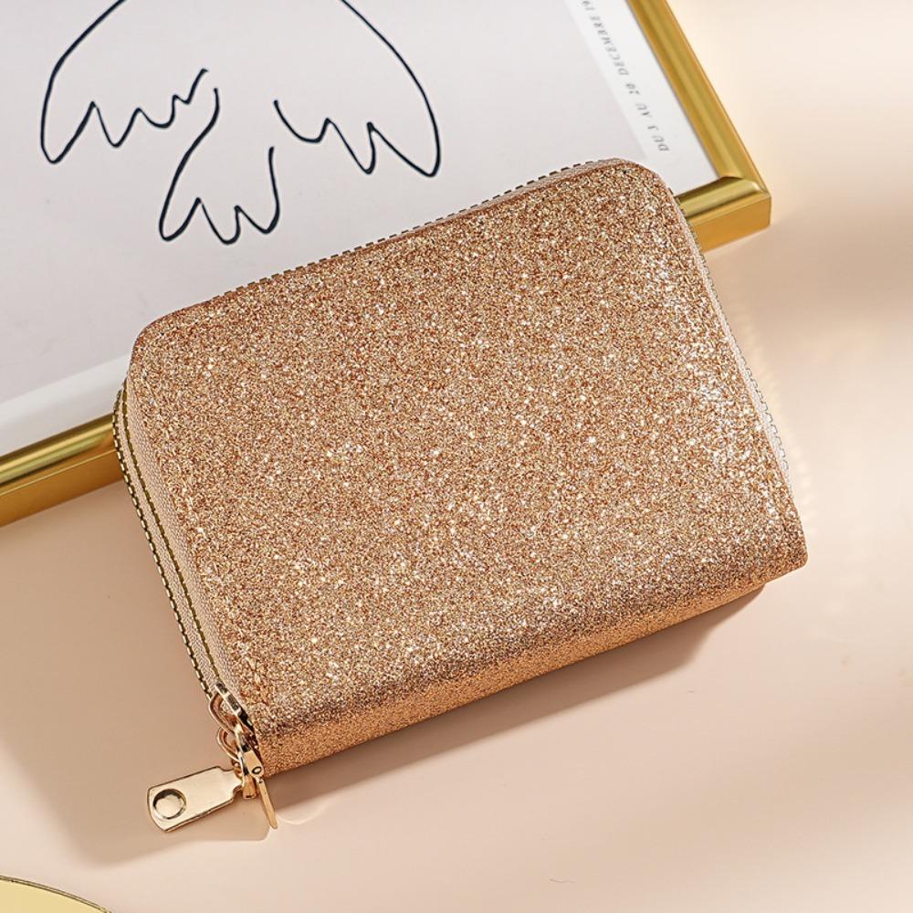 Portable Mini Size PU Wallet Starry Shiny Double Zipper Organ Card Bag Solid Color Multi-card Slot Coin Purse for Women
