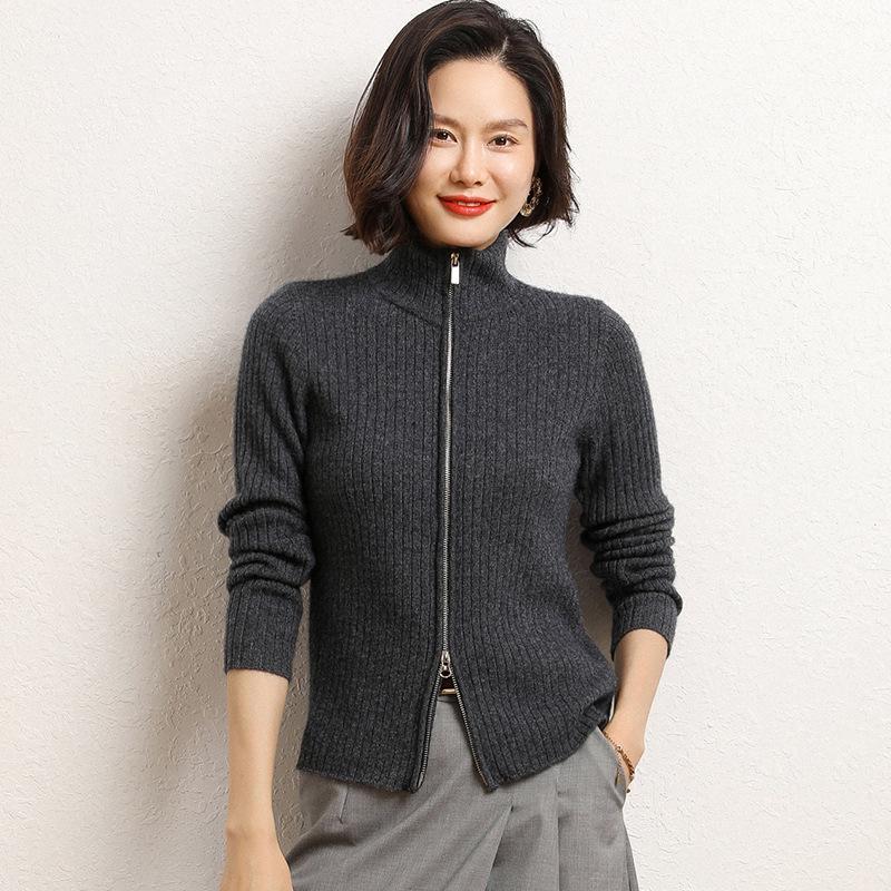 Women's Korean Style Cashmere Stand Collar Zipper Cardigan - Striped Slimming Knitwear for Autumn Winter