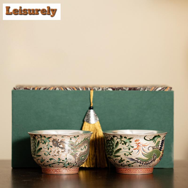 2pc/set Chinese Dragon Phoenix Ceramic Teacup Handmade Gilt Silver Master Cup Tea Couple Pair Tasting Tea Bowl Mug Drinking Gift