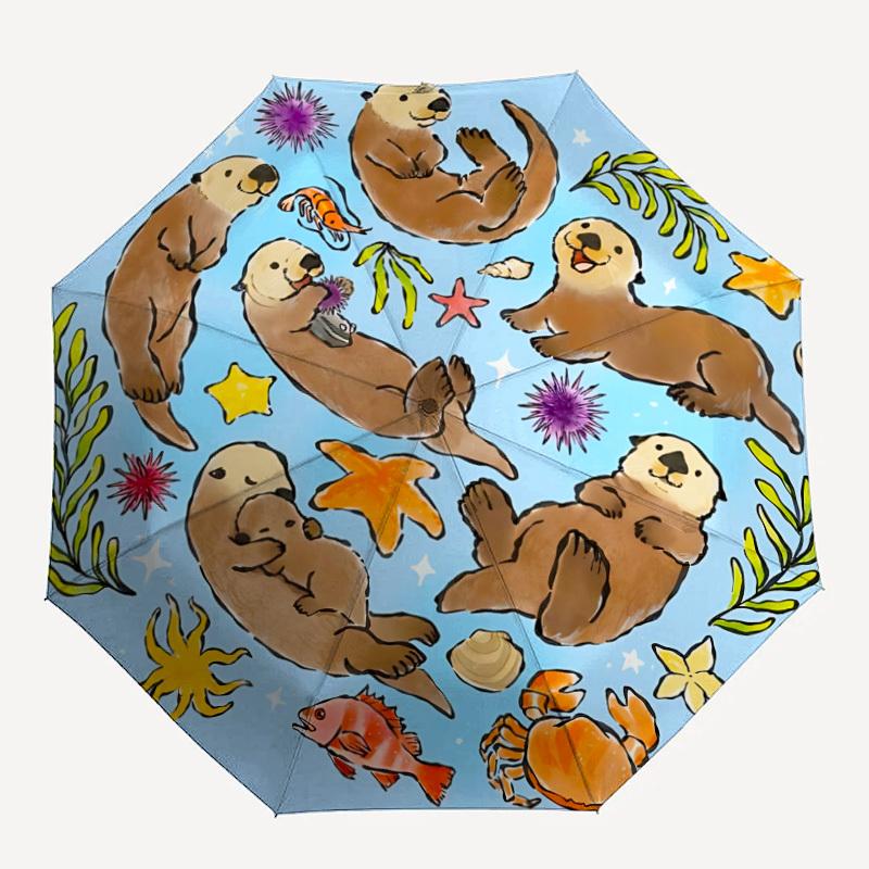 1pc Sea Otters Automatic Opening/Closing Folding Umbrella with 8 Ribs,Windproof Portable Sunshade Umbrella Holiday gift yy260401036