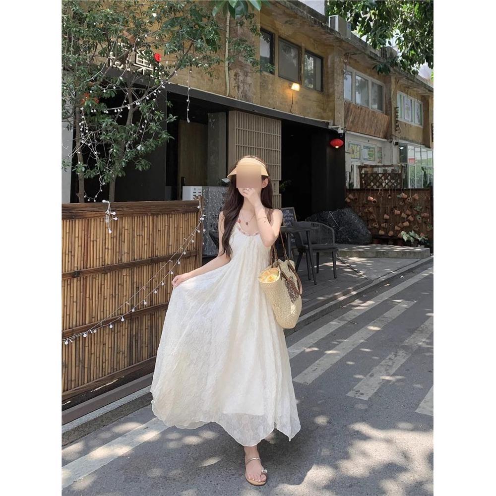 Seaside Vacation Beach Dress Women's Travel Dress White Wear Travel Skirt Long Dress Dopamine