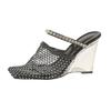 Wedge heel half drag women's shoes autumn new mesh rhinestone crystal wear square head high heel cool slippers