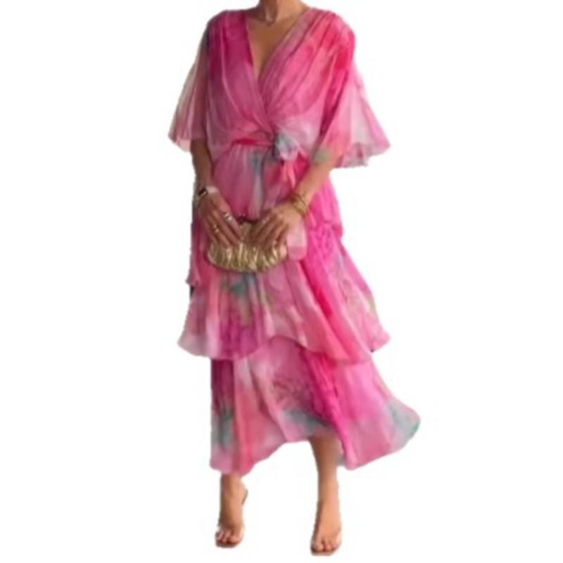 Europe, America Amazon new spring and summer gradual change printing layered fashion women s dress S красный
