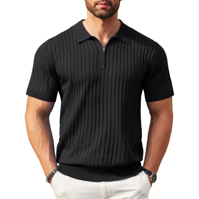 

Mens Casual Solid Color Knit Half Zip Short Sleeve Polo Shirt S чёрный