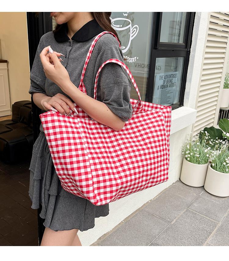 Original Simple Niche Large-capacity Canvas Bag Women's Summer 2025 New Versatile Plaid Handbag Student Tutoring Bag