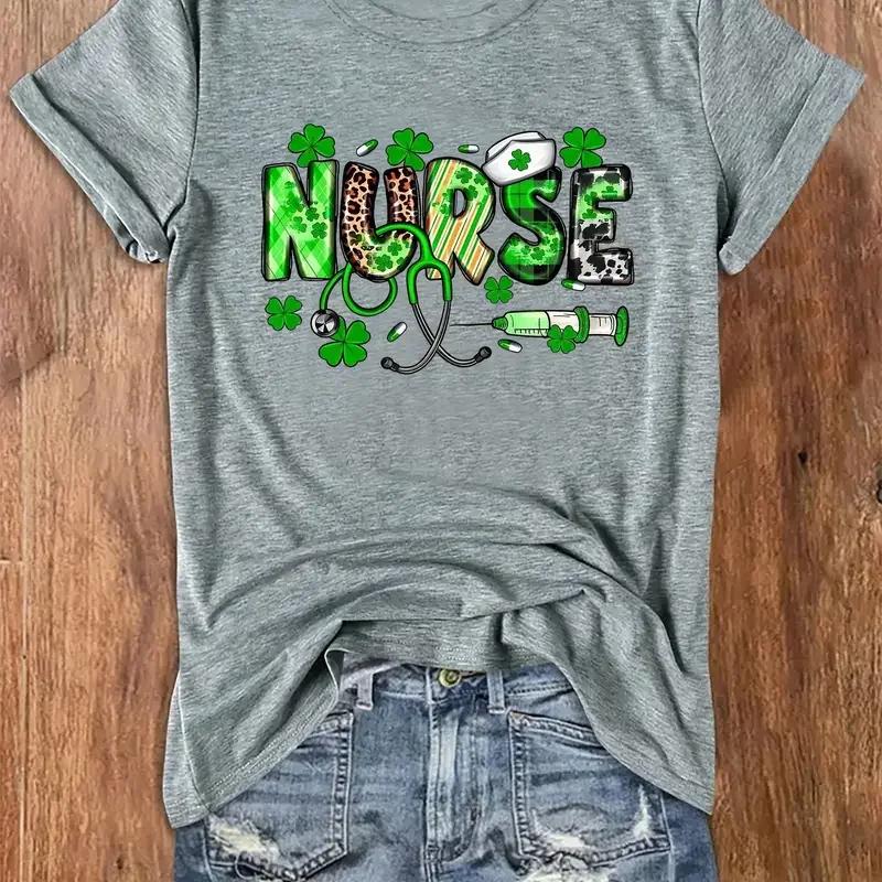 St. Patrick's Day Nurse Print T-Shirt Casual Crew Neck Short Sleeve Top For Spring & Summer Women's Clothing