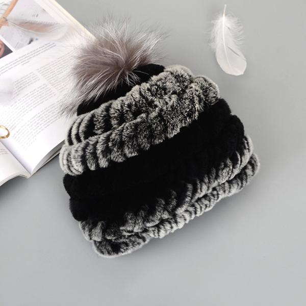 

Женская зимняя теплая шапка из натурального меха кролика рекс с помпонами из меха лисы, натуральная вязаная меховая шапка, женская уличная шапка из натурального меха кролика One Size