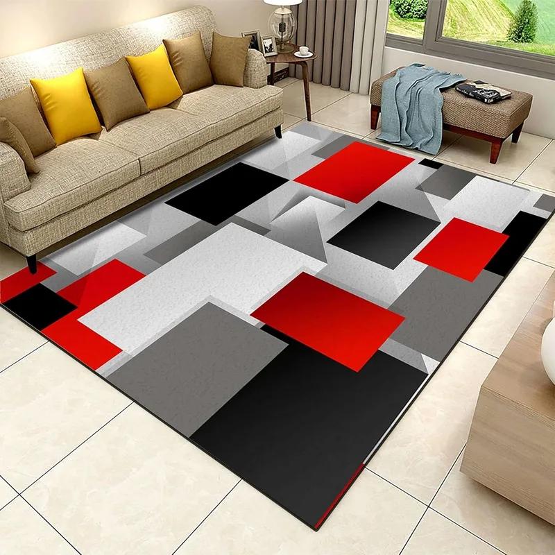 Tappeto Quadrato Geometrico Moderno Rosso Nero Grigio Antiscivolo Lavabile Morbido per Soggiorno Camera da Letto