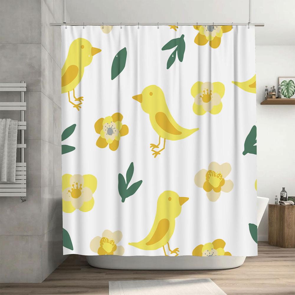 Animal Print Shower Curtain Yellow Flowers Birds Pattern Waterproof Fabric Bathroom Decor White Background (128 characters)