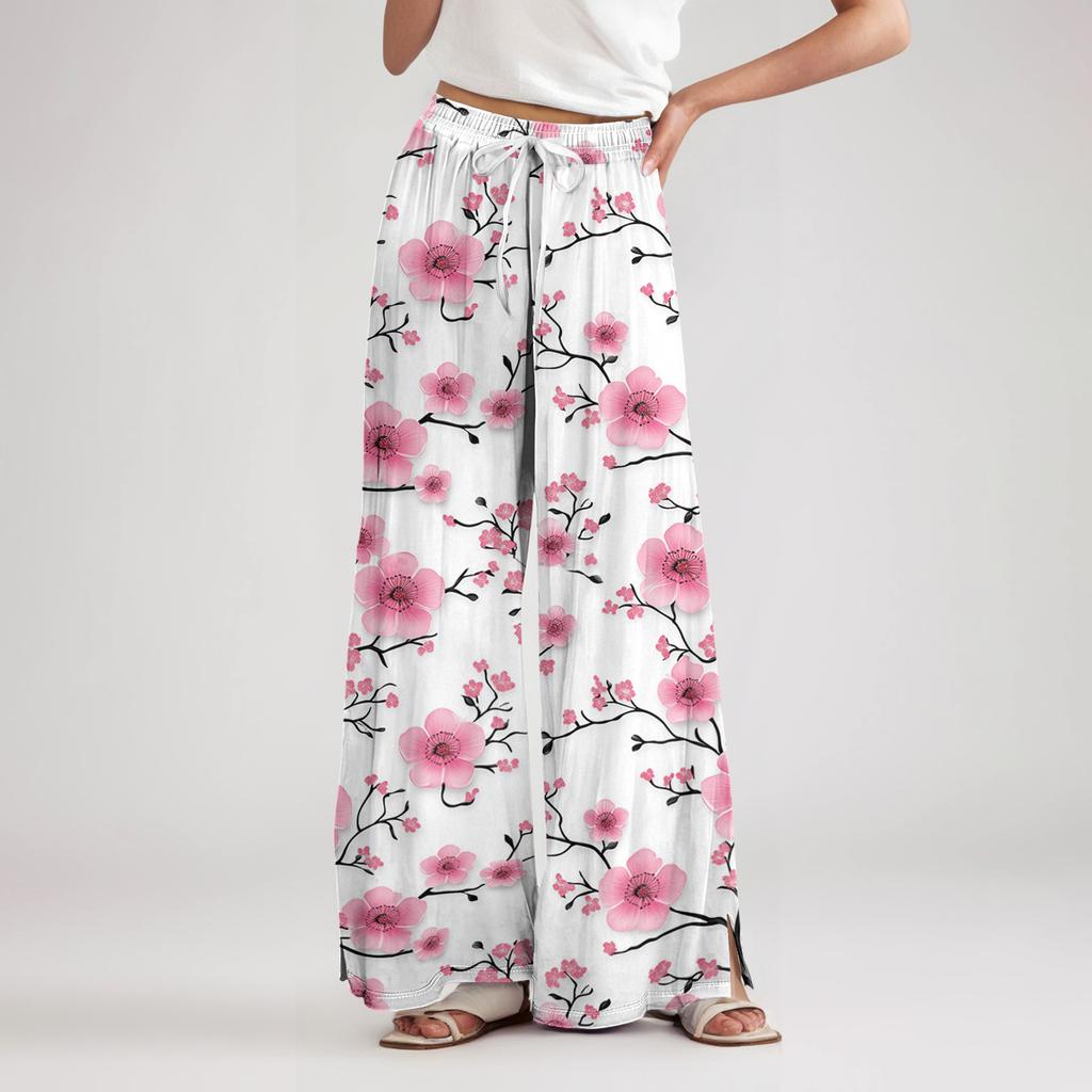 Women's Loose Casual Floral Print Wide Leg Pants With Elastic Waist Drawstring And Pocket Pants